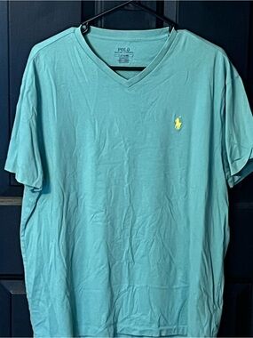 Polo by Ralph Lauren Men’s V-Neck Tee in Aqua with Yellow Pony